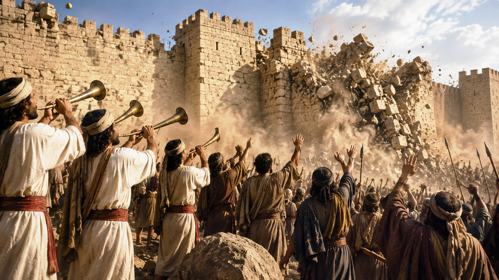 Joshua 6:20 - So the people shouted and the priests blew the trumpets. When the people heard the sound of the trumpet, the people shouted with a great shout, and the wall fell down flat, so that the people went up into the city, every man straight in front of him, and they took the city.