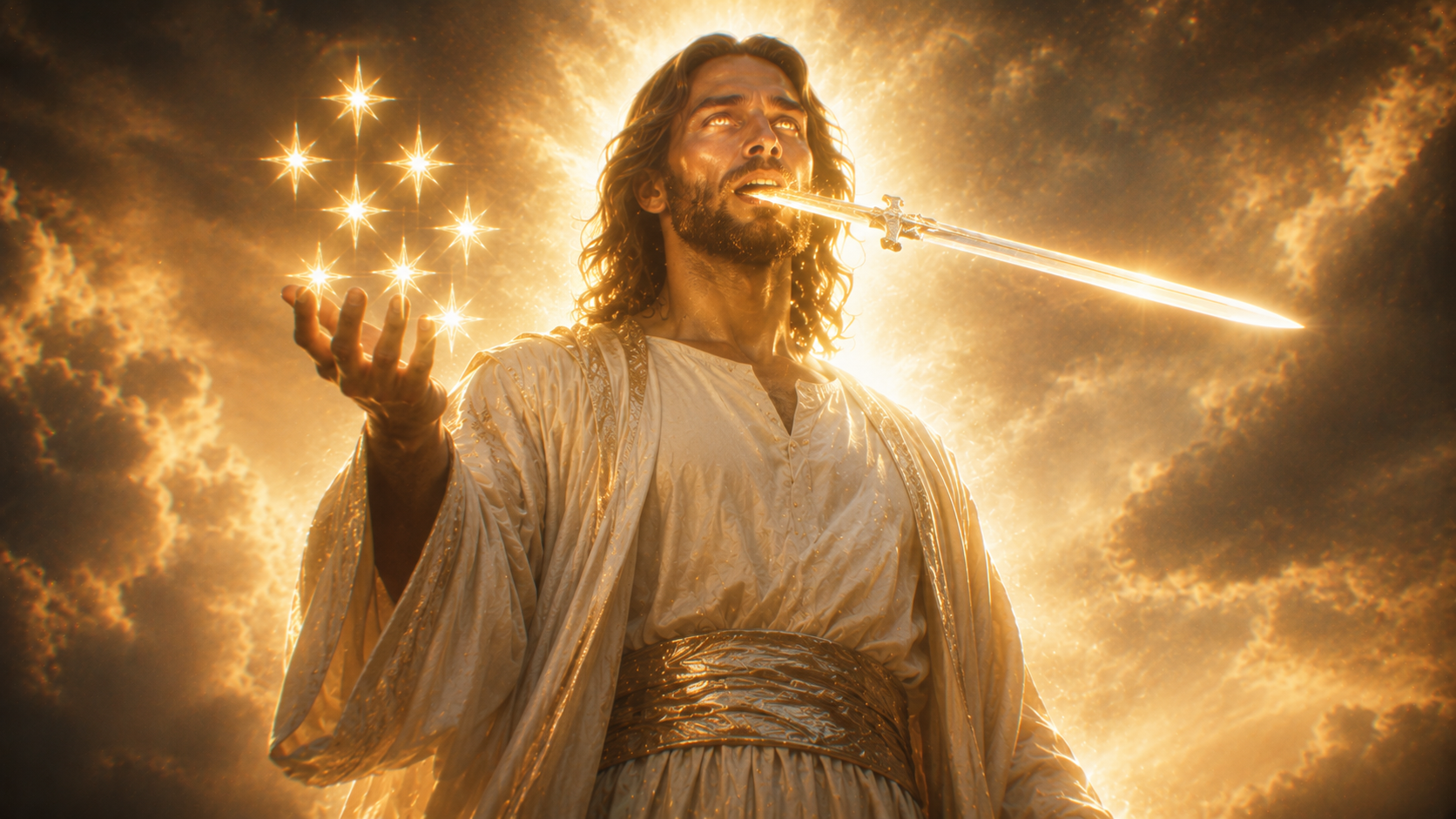 Revelation 1:16 - He had seven stars in his right hand. Out of his mouth proceeded a sharp two-edged sword. His face was like the sun shining at its brightest.