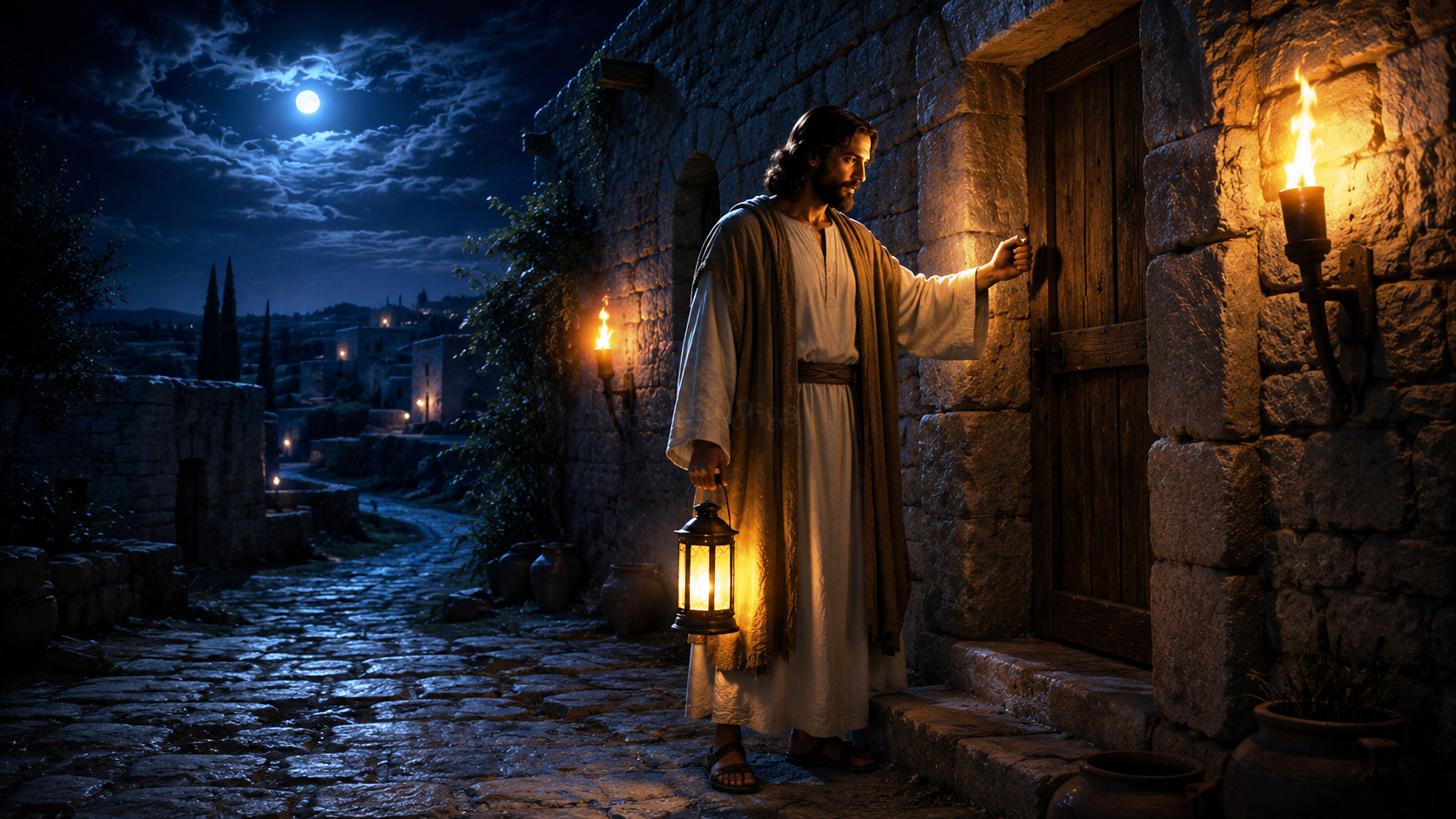 Revelation 3:20 - Behold, I stand at the door and knock. If anyone hears my voice and opens the door, then I will come in to him and will dine with him, and he with me.
